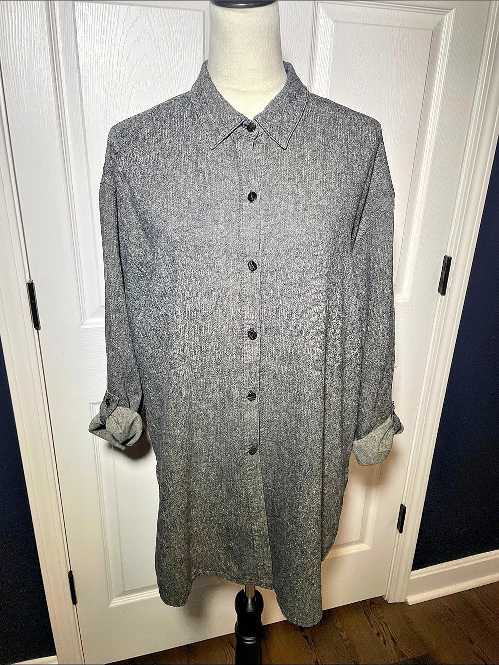 Vintage Chico's Design Grey Linen Button Down Shirt Oversized Tunic Sz Large